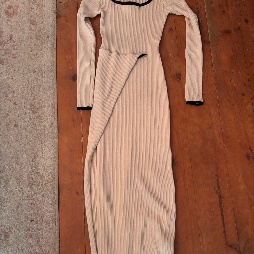 Ribbed Long Sleeve Midi Dress - Cream with Black Trim